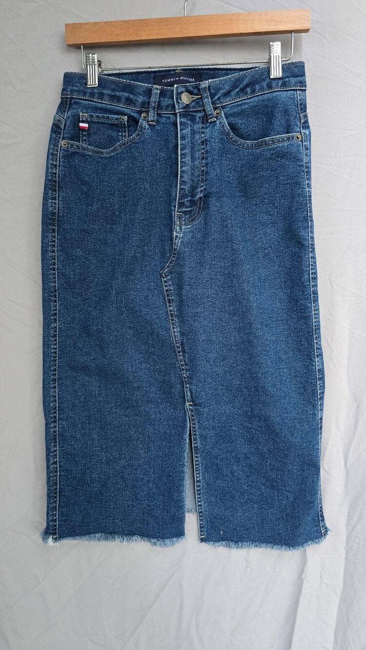 Tommy Hilfiger Skirt Womens 4 Blue Denim Pencil Raw Hem Front Slit Stretch